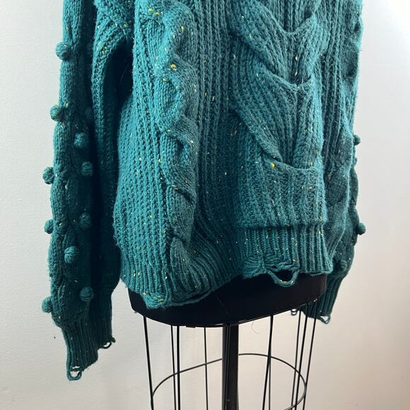 WILDFOX Pattie Green Sweater Chunky Knit V-Neck Hood Raglan Sleeve Size Large L - Picture 4 of 10